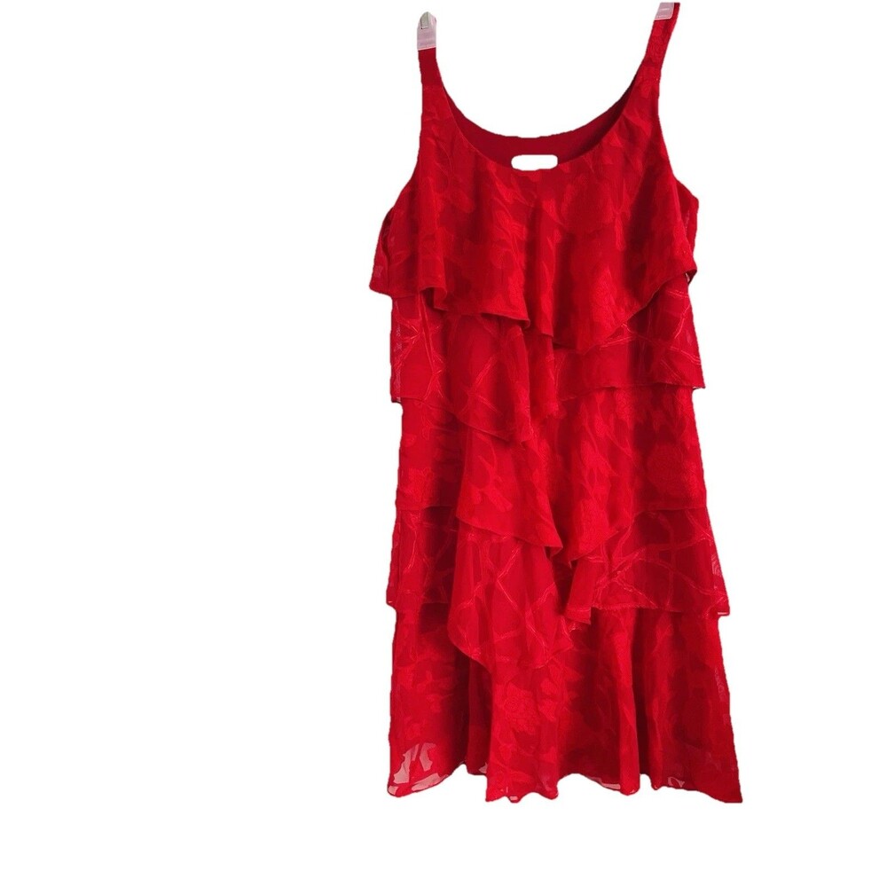 Amanda Lane Floral A-Line Dress Red Sleeveless Scoop Neck Tiered Ruffle 6